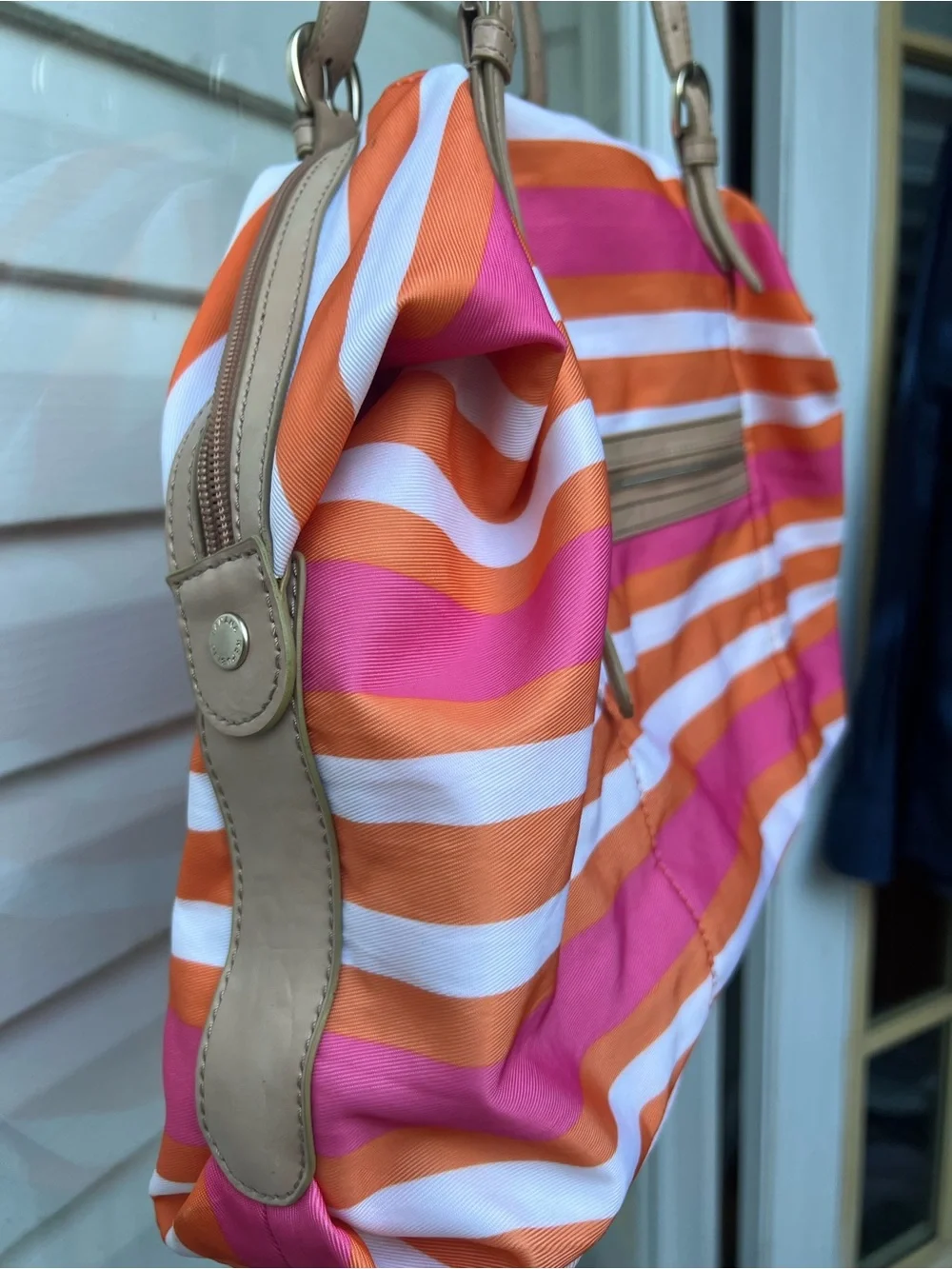 Banana Republic Pink, Orange & White Striped Tote with Neutral Handles